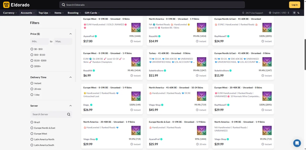 Eldorado LoL accounts marketplace listing