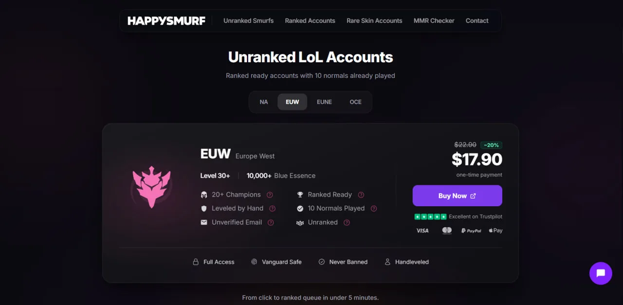 HappySmurf LoL account shop homepage