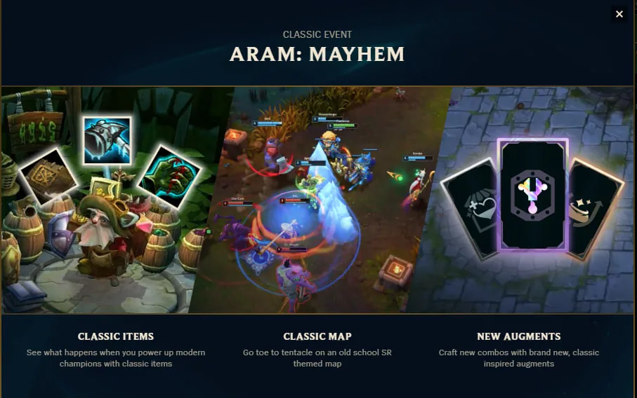 ARAM Mayhem event screen in the League client listing classic items, a classic themed map and new augments
