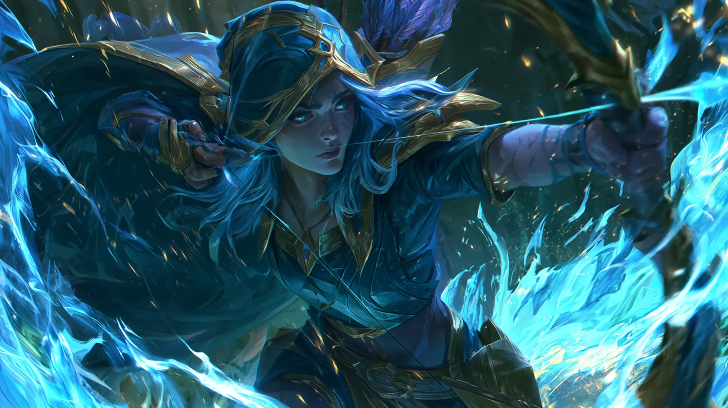 League of Legends champion Ashe, an ADC marksman from the Freljord, shown in her base splash art