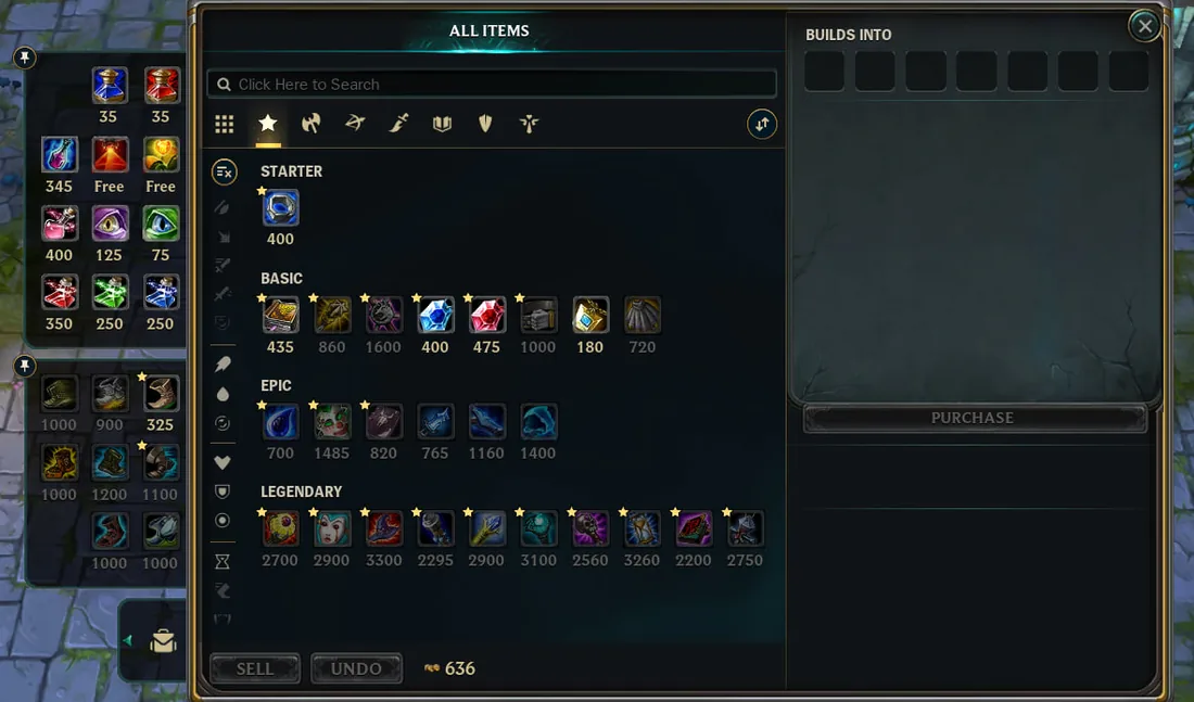 League Classic in game shop showing starter, basic, epic and legendary items from the old item set