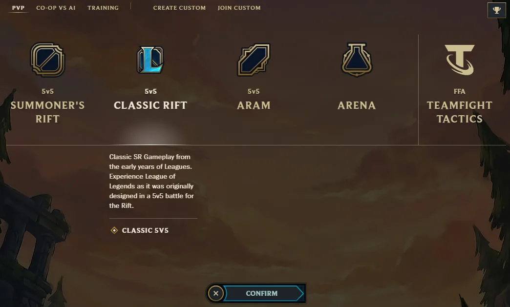 League of Legends mode select with Classic Rift chosen alongside Summoner's Rift, ARAM, Arena and Teamfight Tactics