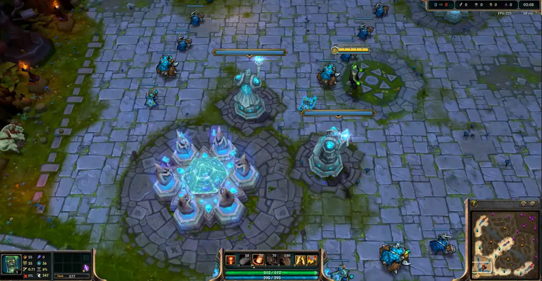 Old Summoner's Rift base and nexus in a League Classic game with the original heads up display