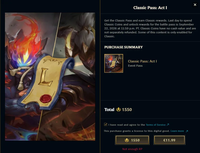 Classic Pass Act I purchase screen showing the 1550 RP price and the September 22 deadline to spend Classic Coins