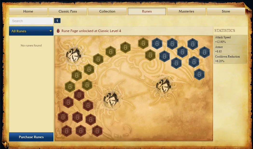 League Classic rune page with empty mark, seal and glyph slots and a stat panel showing attack speed, armor and cooldown reduction