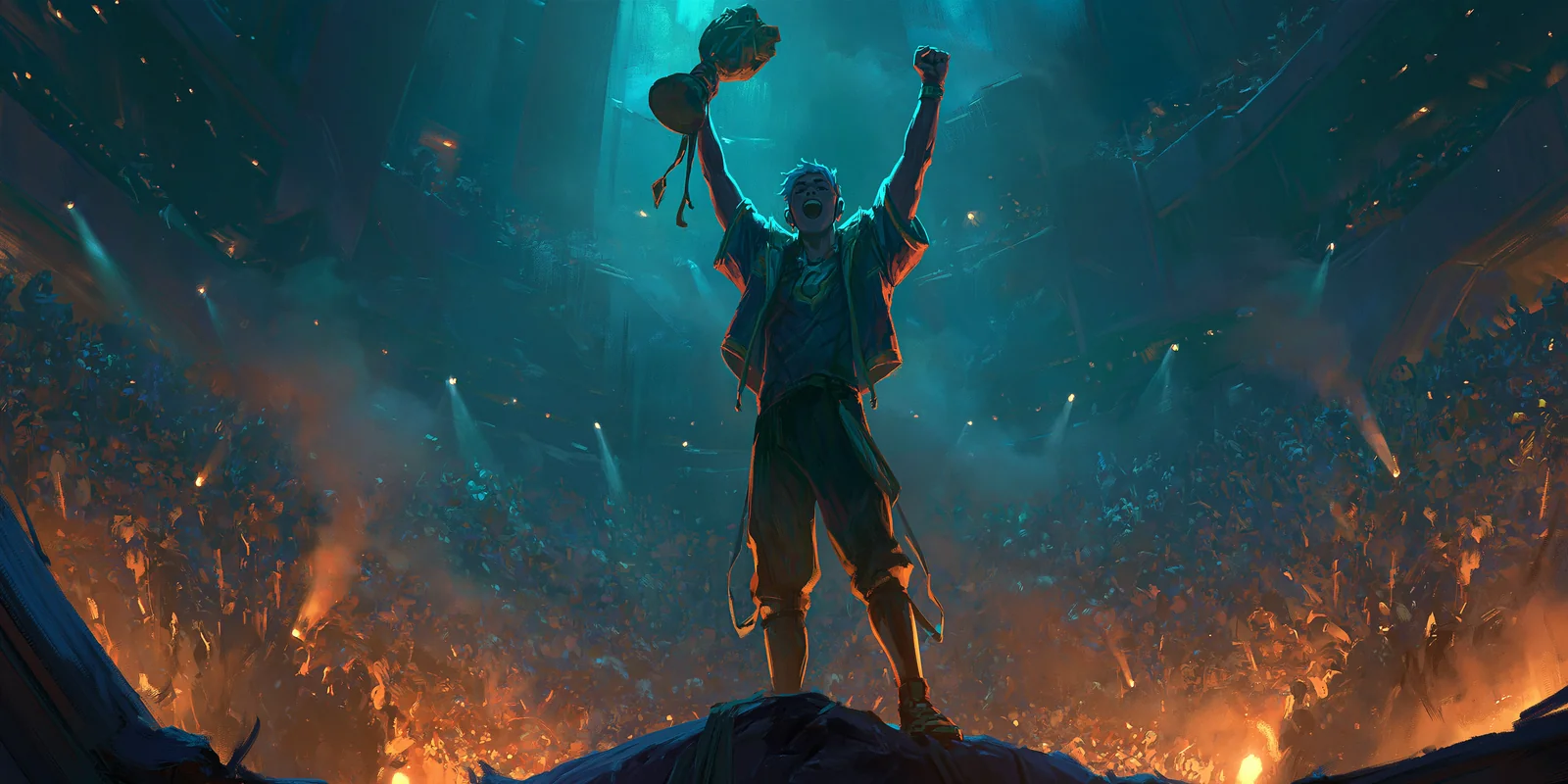 League of Legends esports arena scene showing pro players competing on stage with crowd and stage lights