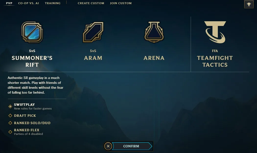 League of Legends client mode select showing Summoner's Rift, ARAM, Arena, and Teamfight Tactics