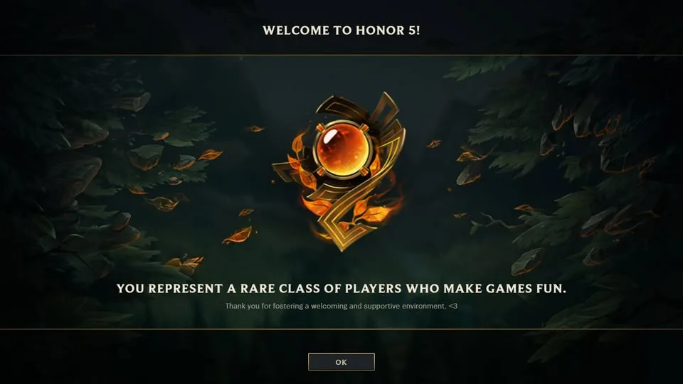 League of Legends client popup saying Welcome to Honor 5 with the Honor 5 emblem