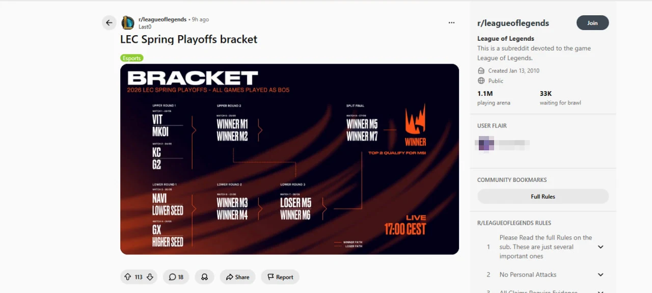 Front page of r/leagueoflegends showing patch reactions esports threads memes and Rioter comments in May 2026