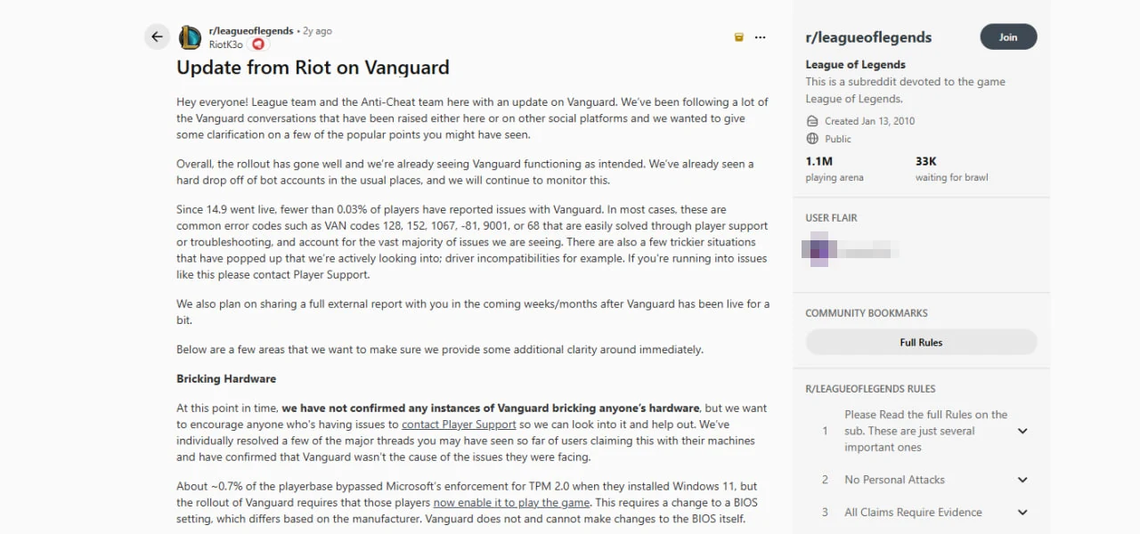 r/leagueoflegends front page reactions to Reddit API drama Riot layoffs Vanguard launch and Worlds 2025 between 2023 and 2026