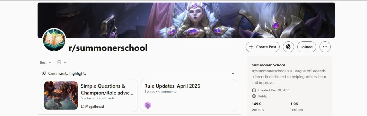 Related League of Legends subreddits including r/summonerschool r/LeagueOfMemes r/wildrift and the official LoL Discord with follower counts in May 2026