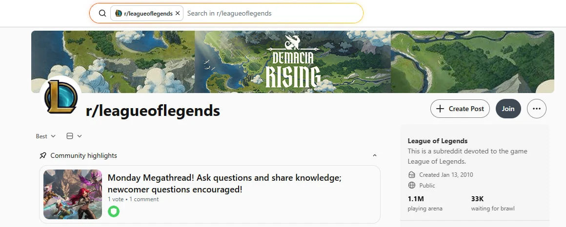 Google search card showing r/leagueoflegends subreddit with 8.4M+ followers in May 2026