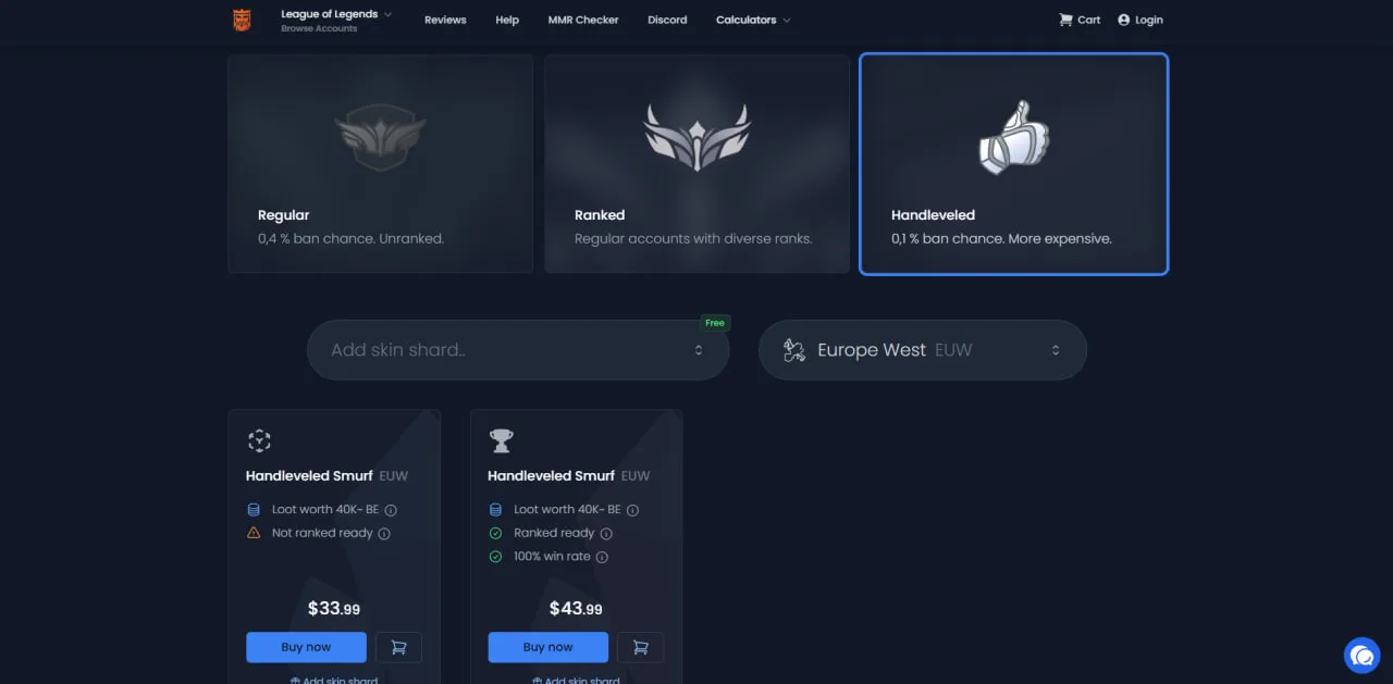 RankedKings LoL smurf account shop with skin shard selection