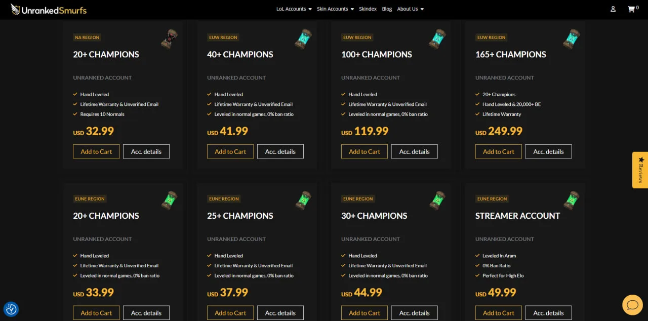 UnrankedSmurfs LoL account shop with rare skin selection