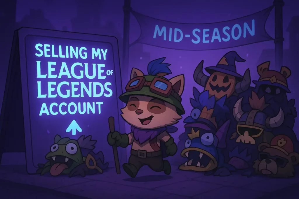 Teemo running a sidewalk sale with a glowing sign “Selling my League of Legends account” and a mid season banner, playful dark purple scene illustrating common seller mistakes.
