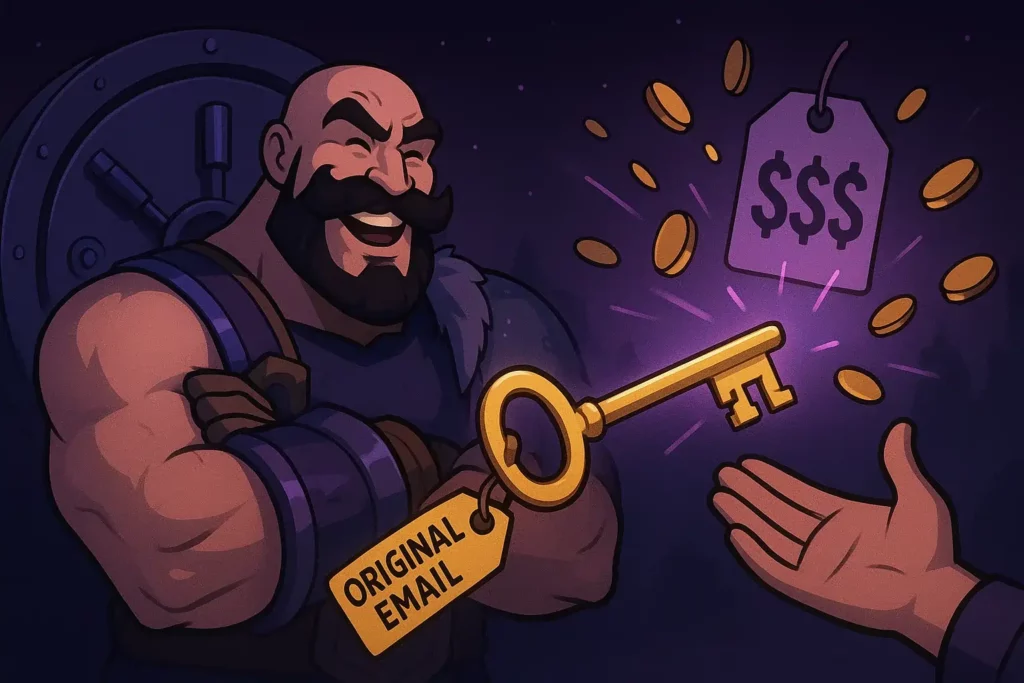 Braum stands by a vault and hands a golden key tagged Original Email to a buyer while coins and a glowing price tag pop, showing that original email access can raise a League of Legends account sale price by about 20 percent.