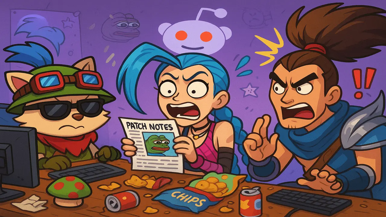 Illustration of an active League of Legends subreddit community with game icons, user avatars, and Reddit UI elements