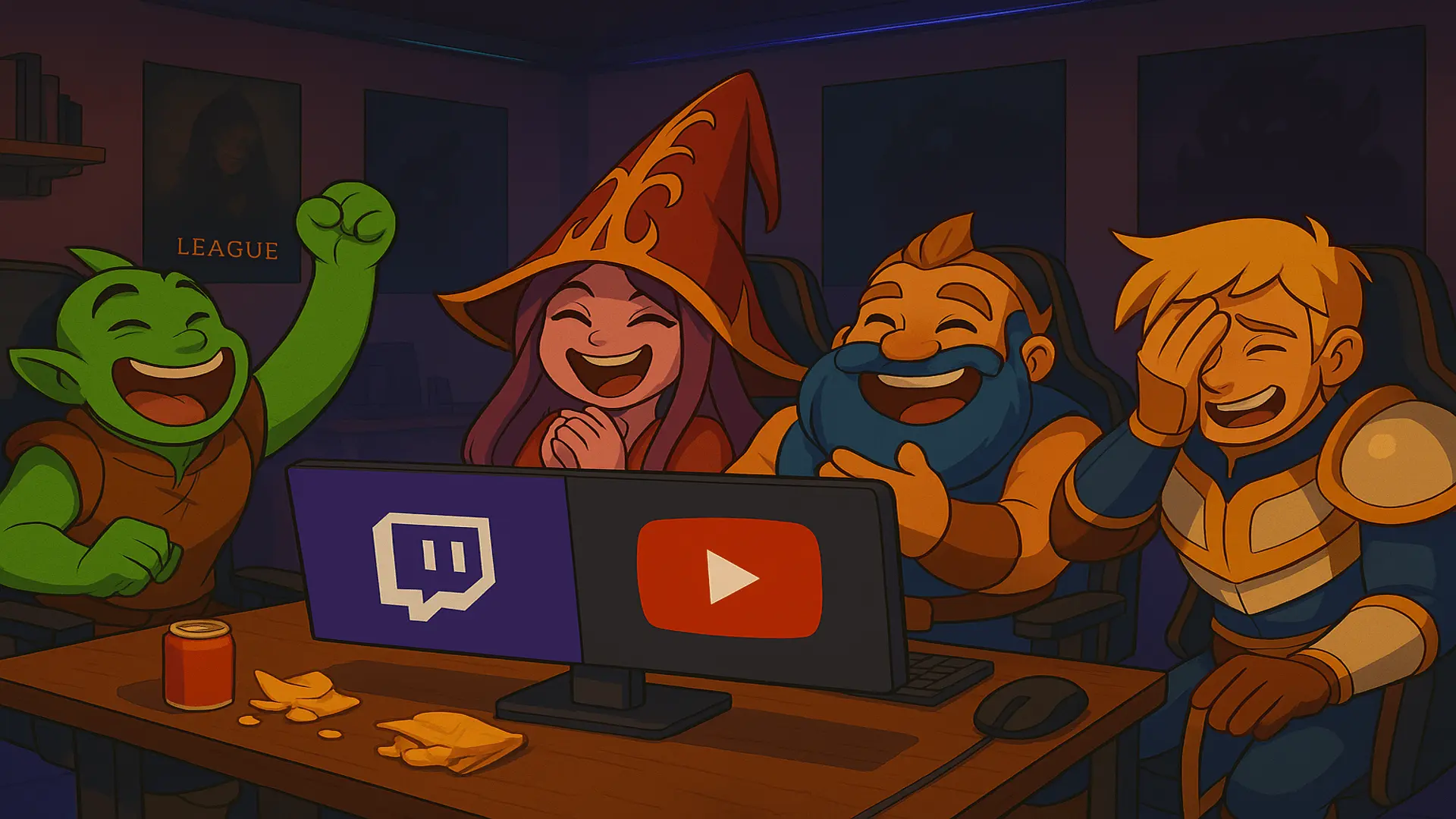 League of Legends champions watching Twitch and YouTube streams in a dark gaming room with funny reactions and RGB lights