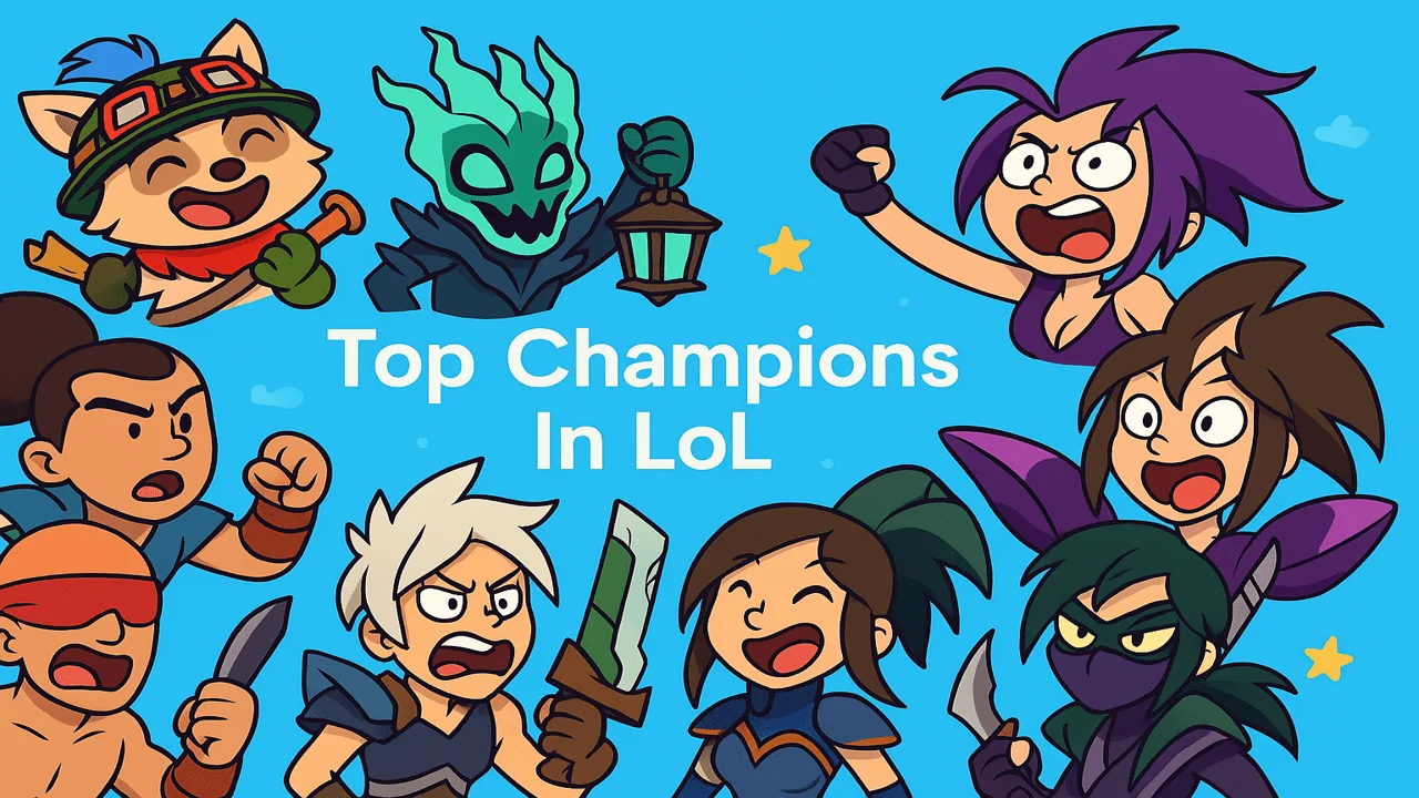 League of Legends champions with the text Top Champions LoL on the image.