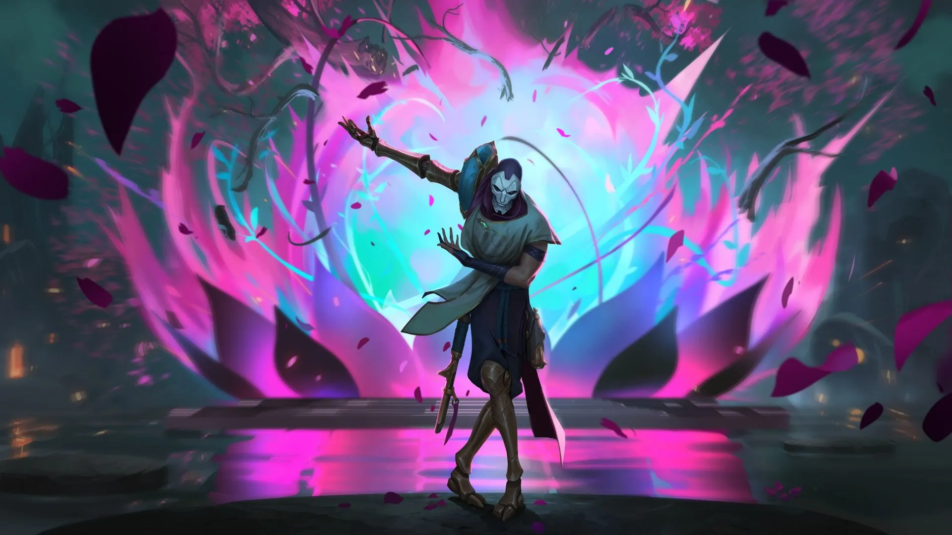 League of Legends champion standing before a glowing neon portal surrounded by floating runes, symbolizing active in game redeem codes