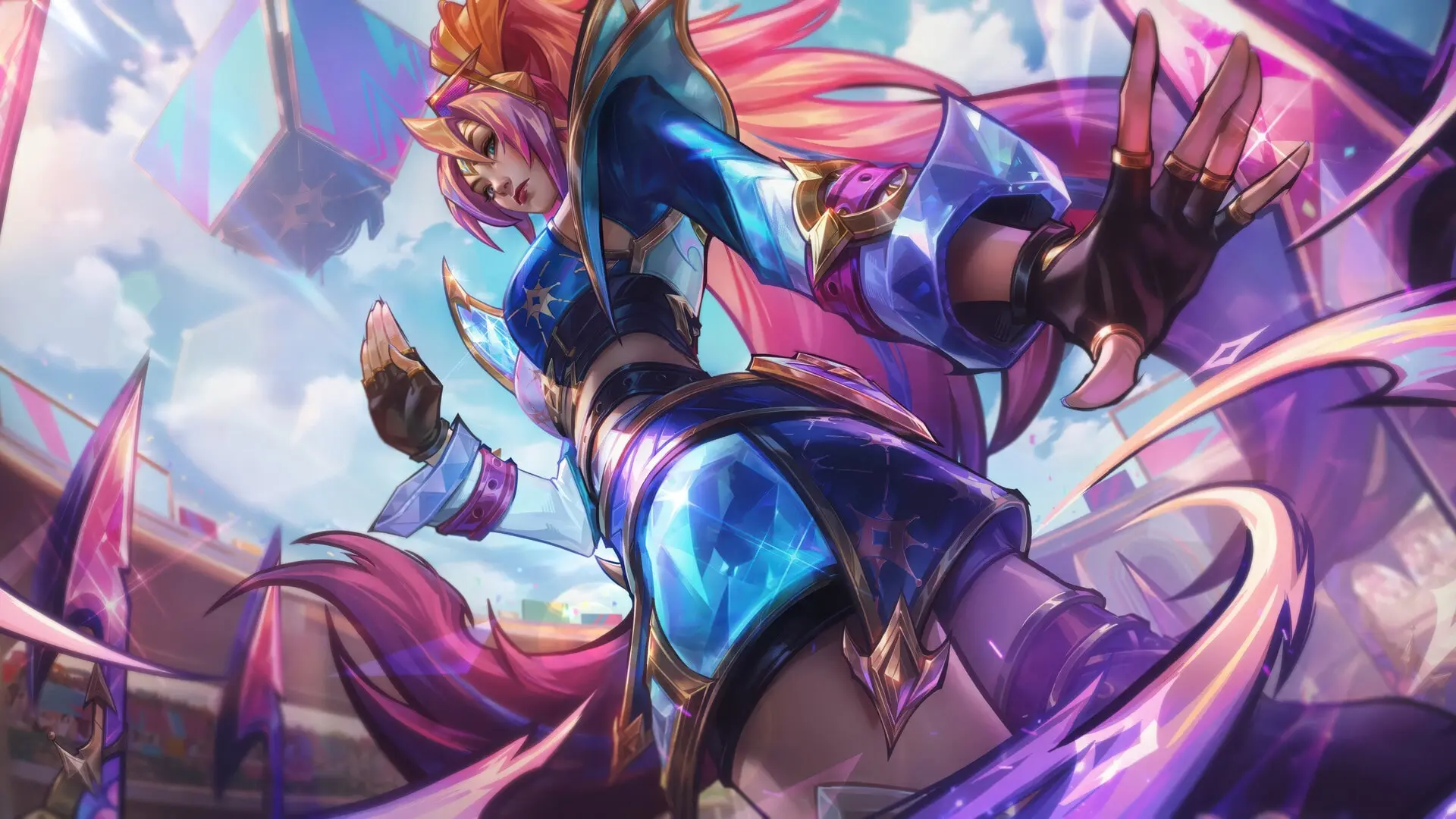 Soul Fighter Irelia leaps into action with her blades swirling in a packed arena stadium background.