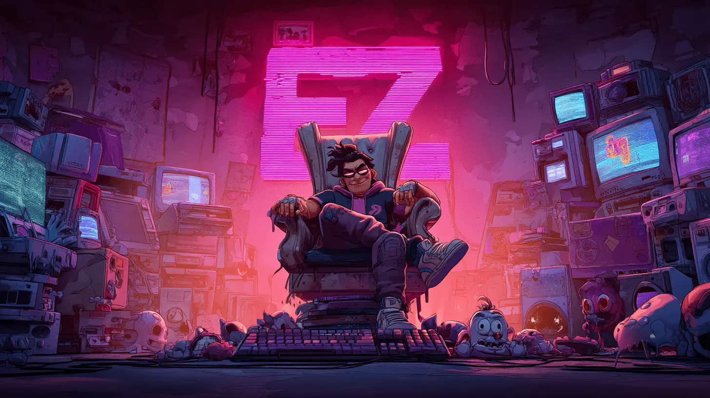 Cartoon gamer villain sits smugly on a throne made of tech junk, surrounded by old monitors, with giant neon 'EZ' glowing behind him — satirical take on gaming toxicity and post-match ego.