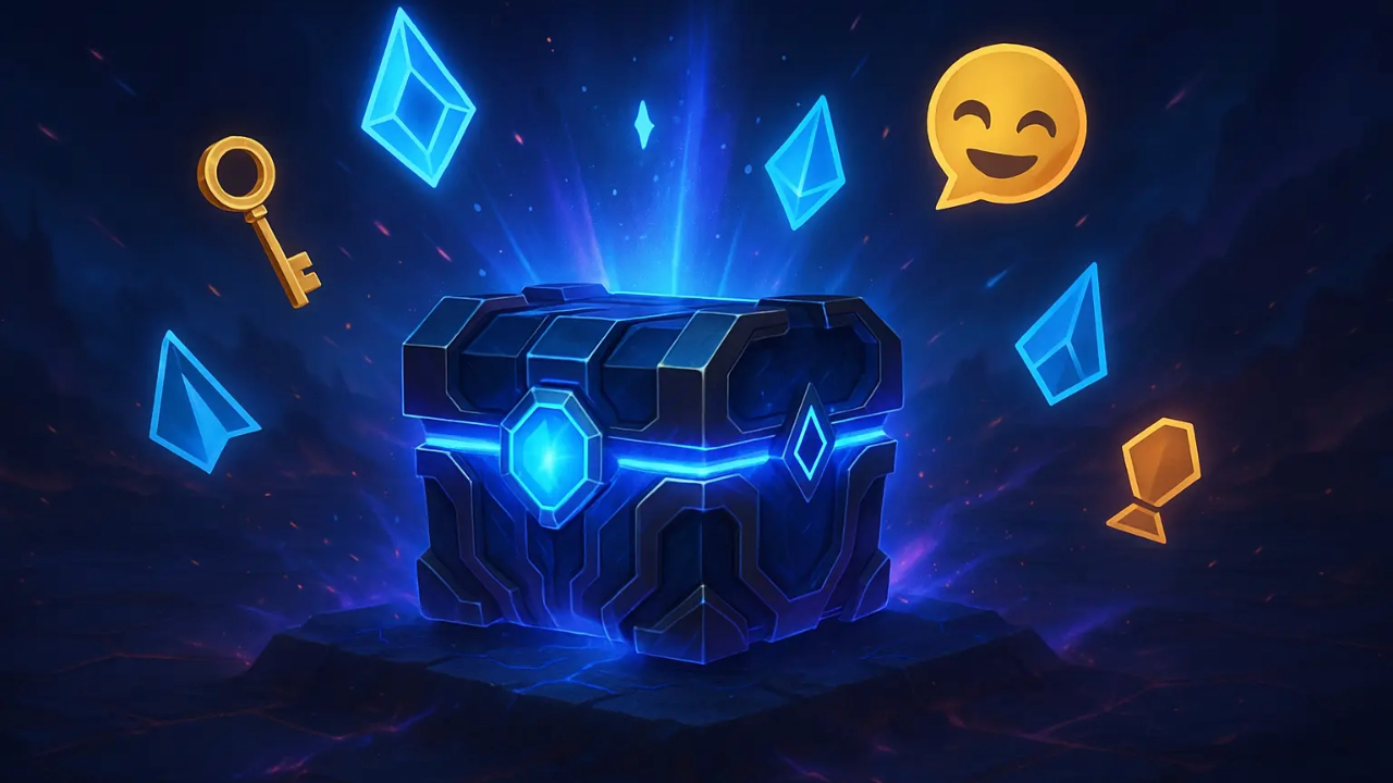 Stylized digital loot chest glowing with hextech energy, representing League of Legends reward system