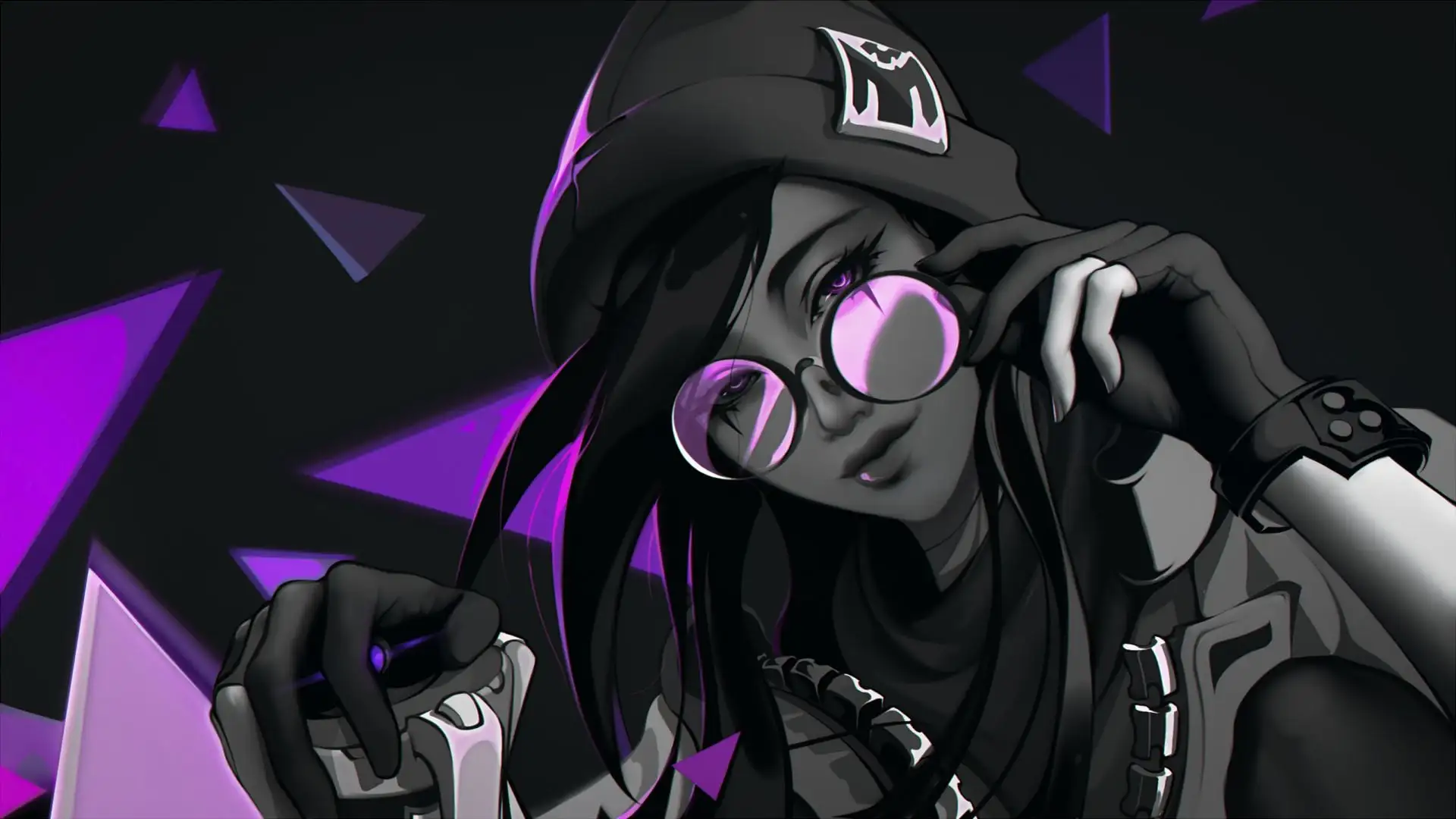 Close-up digital artwork of Killjoy from Valorant wearing round glasses and a beanie, adjusting her glasses with one hand while holding a gadget in the other, set against a dark background with purple geometric accents.