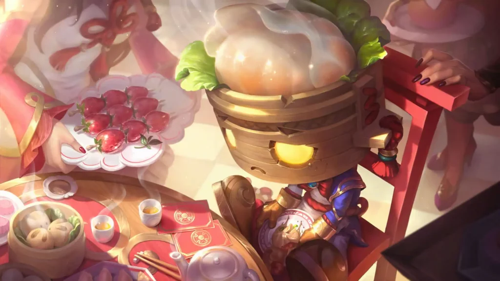 Amumu Dumpling Darling skin in League of Legends sitting at a festive table with food – official LoL splash art