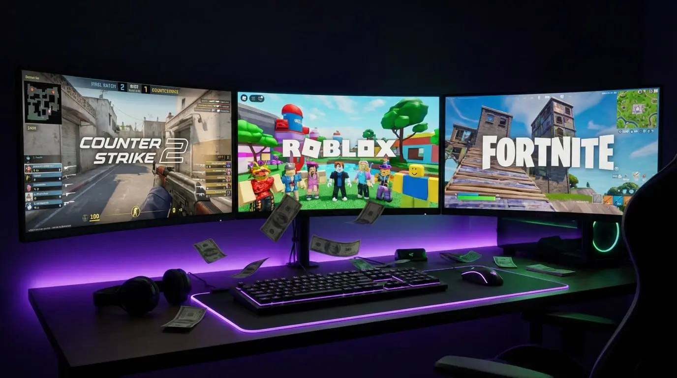 Gaming setup with three monitors showing CS2 Roblox and Fortnite with dollar bills on desk